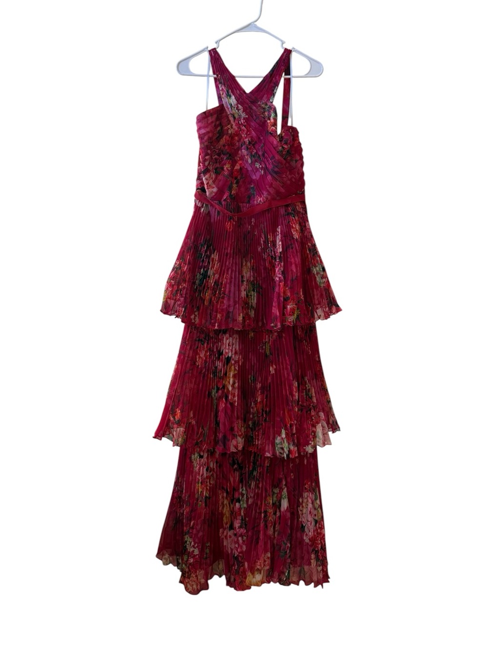 MARCHESA NOTTE Pleated Halter Floral Maxi Dress in Berry Sz 8 - Picture 5 of 9